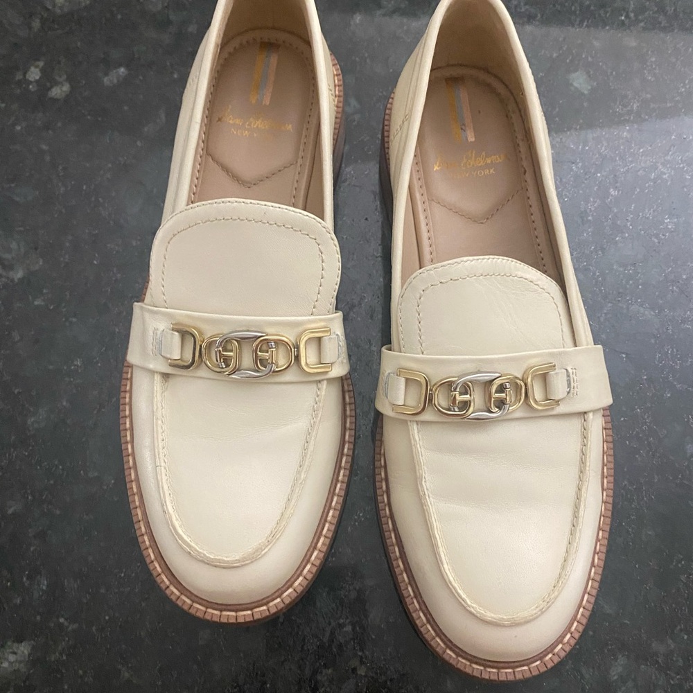Sam Edelman Cream Loafers with Gold Chain
